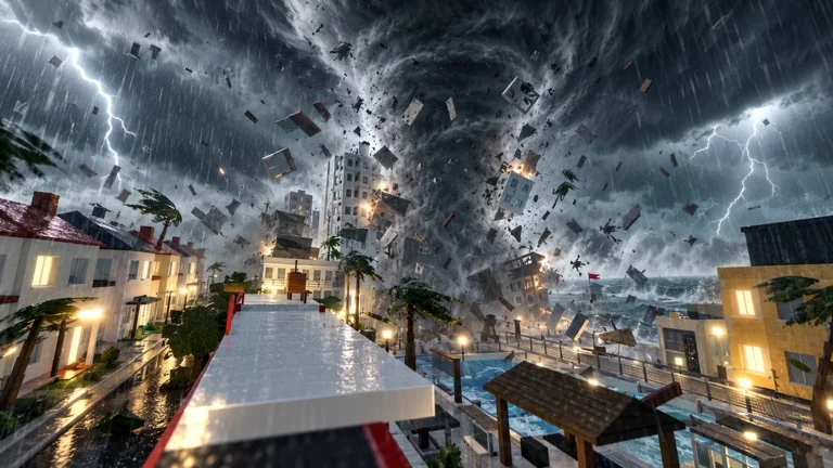 A tornado throwing debris across an outdoor route