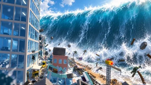 A mega tsunami flooding a city